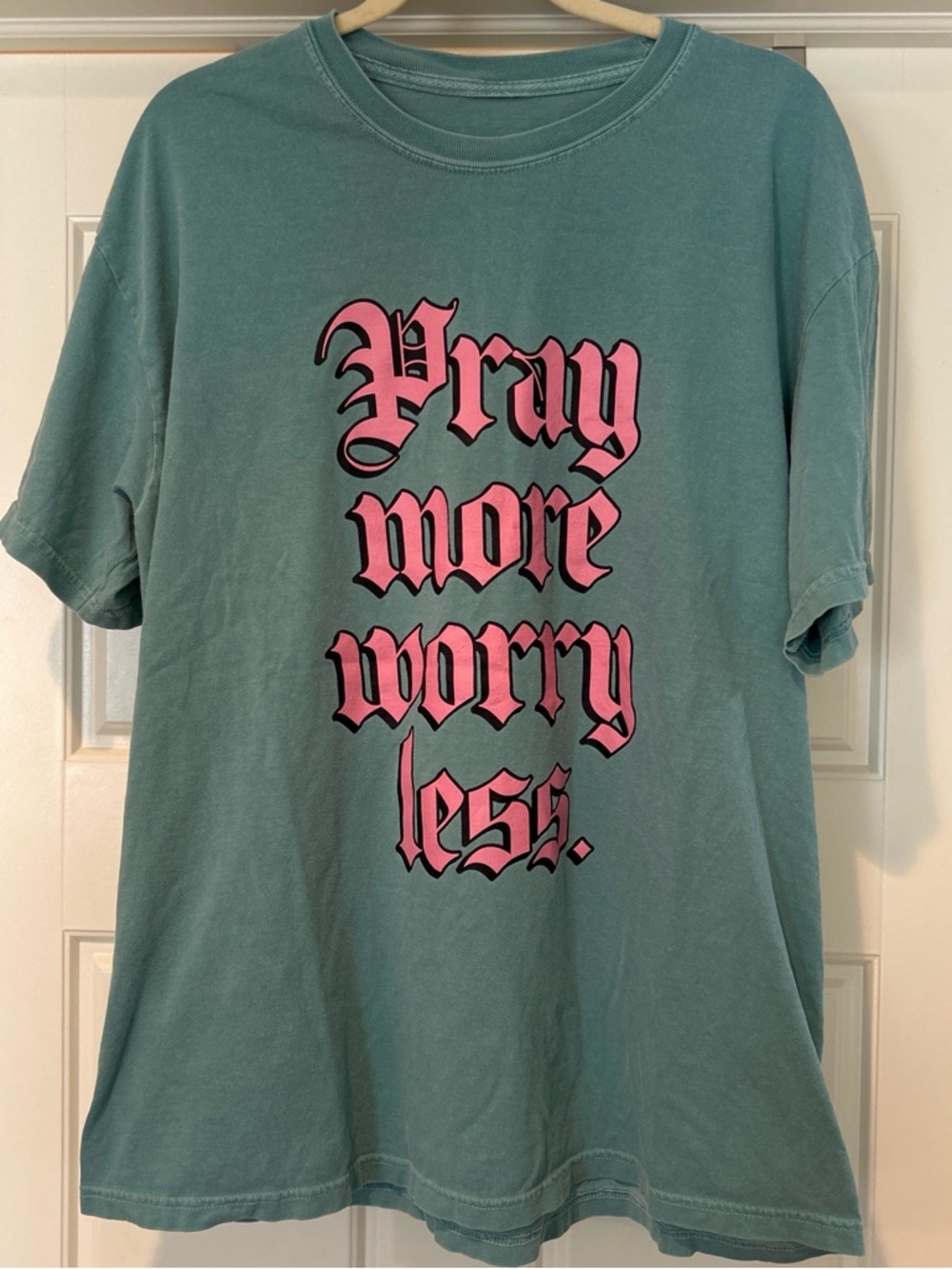 Oversized Pray More Worry Less Graphic Tee - Teal with Pink Print